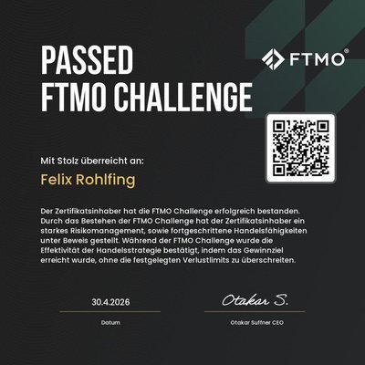 FTMO certificate: Passed FTMO Challenge